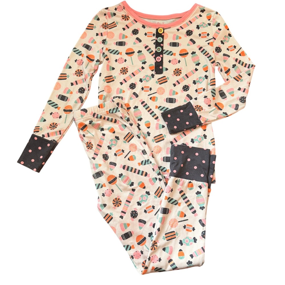 Matilda Jane Kids Girls Candy Print Pajama Set Henley Long Sleeve Size 6 READ